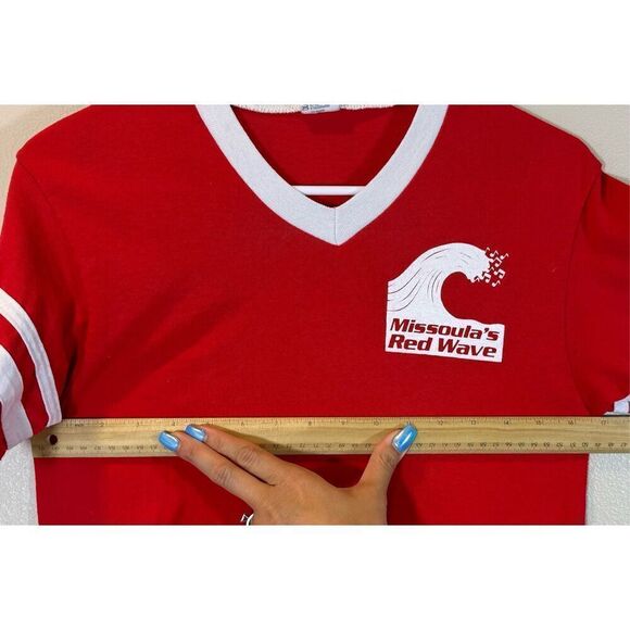 Vintage Style Missoula Red Wave V-Neck Baseball Ringer Women's Shirt Small - Picture 8 of 9